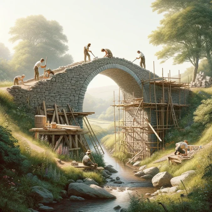 Människor som bygger en bro på landsbygden för länge sedan